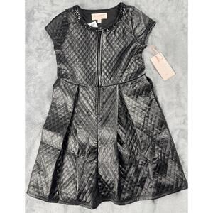 NWT Biscotti Shiny Faux Leather Zip Up Cap Sleeve Dress Sequined Neck Size 7